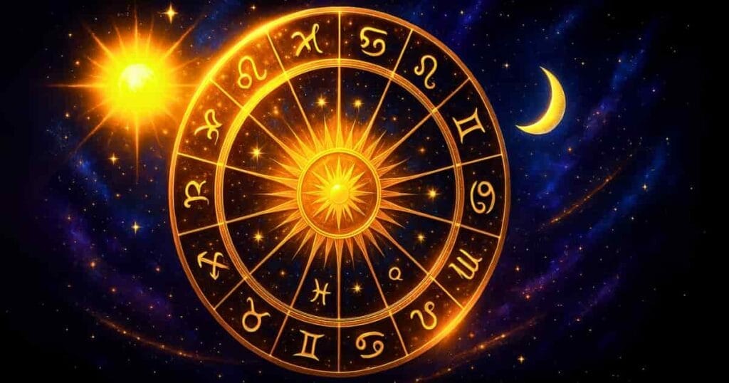 Free astrology tools banner with golden zodiac wheel, sun and moon