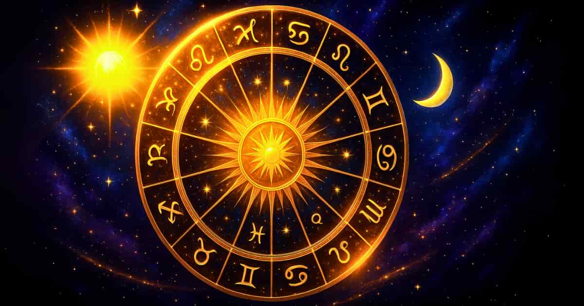 Glowing golden zodiac wheel with sun and moon on a cosmic starry background – Luck Tomorrow free daily horoscope banner image