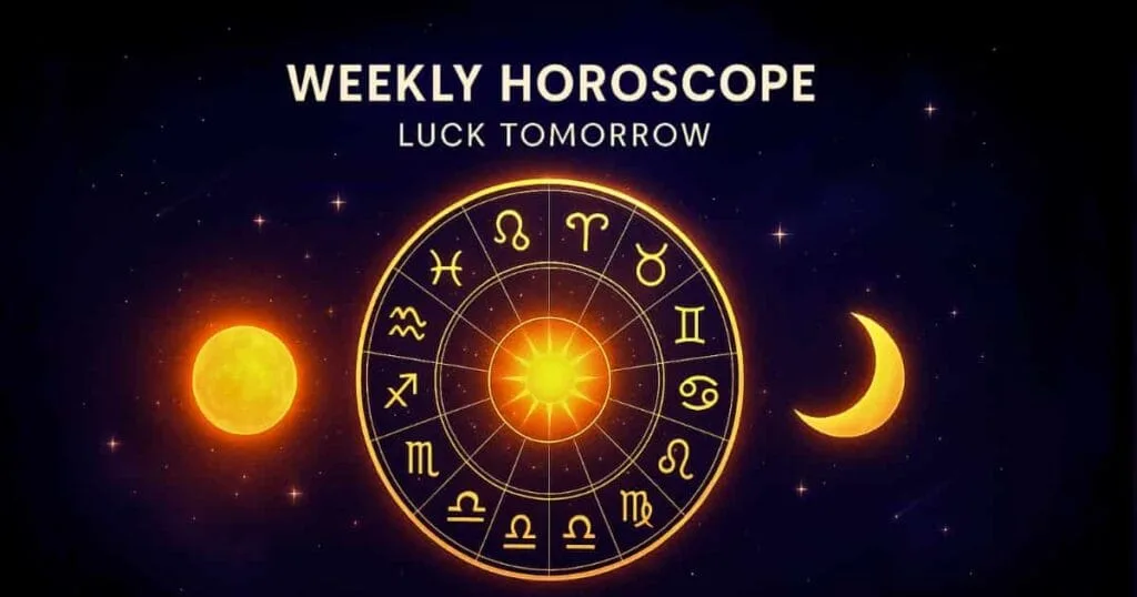 Weekly Horoscope – Golden Zodiac Wheel with Sun and Moon Astrology Background