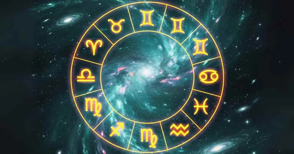 Illustration of 12 zodiac signs from Aries to Pisces in a cosmic zodiac wheel