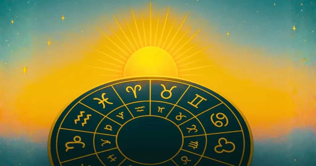Daily horoscope tool with rising sun and zodiac wheel