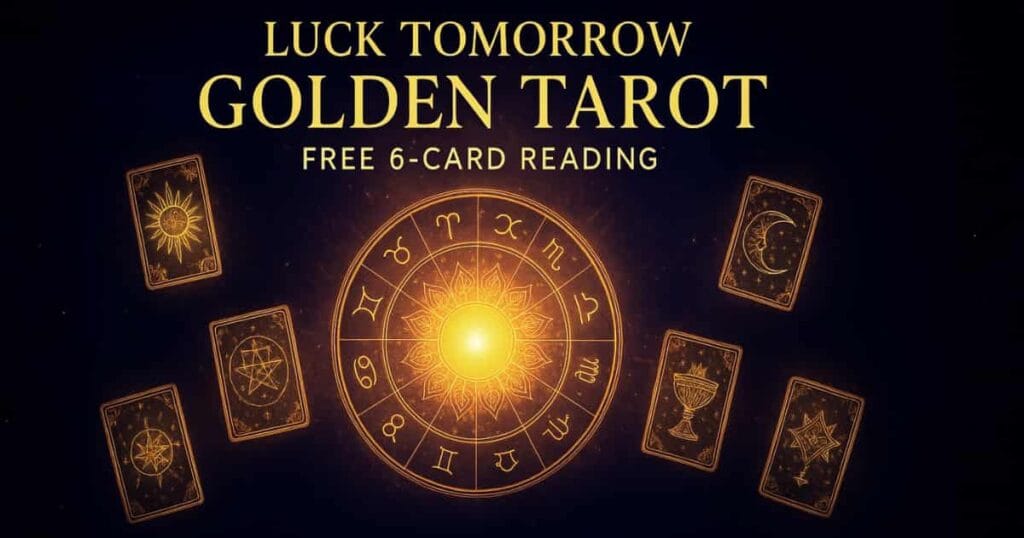 Luck Tomorrow Golden Tarot Reading Tool — Elegant Cosmic Mandala and Tarot Cards in Gold on Dark Astrology Background
