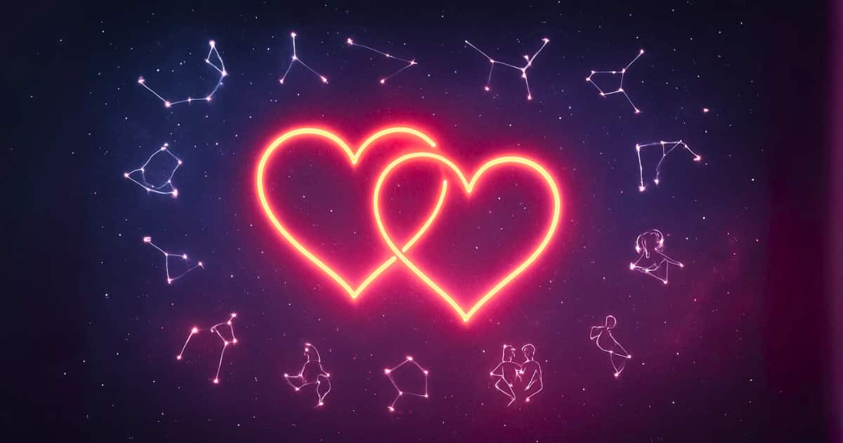 Zodiac compatibility icon with two glowing hearts and constellations