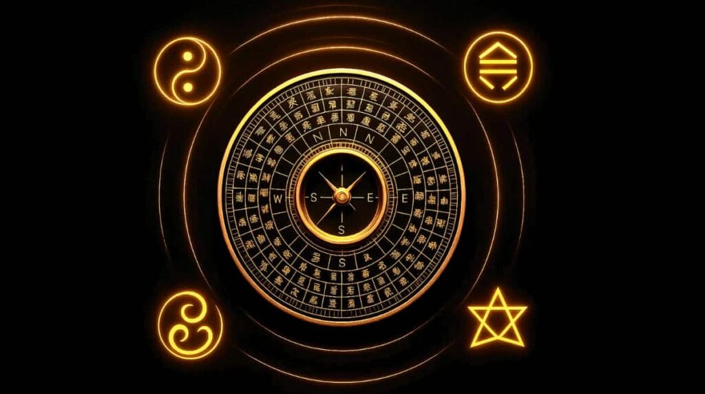 Feng Shui Kua Number Calculator illustration with golden Luo Pan compass, Bagua map and five elements symbol
