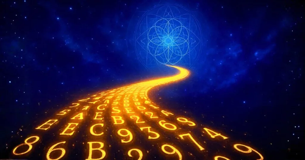 Destiny Expression Number Calculator – Golden Letters and Numbers Forming a Radiant Path on Dark Cosmic Background