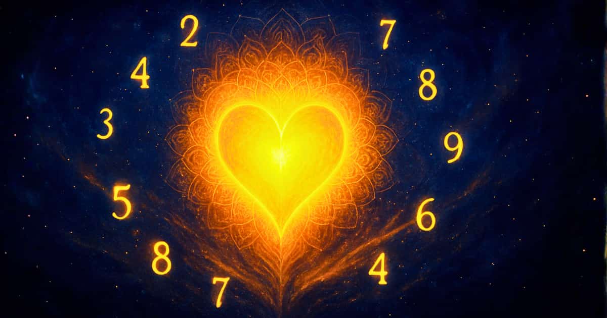 Soul Urge Number Calculator – Golden Heart and Numbers with Energy Flow on Dark Mystic Background 1200x670