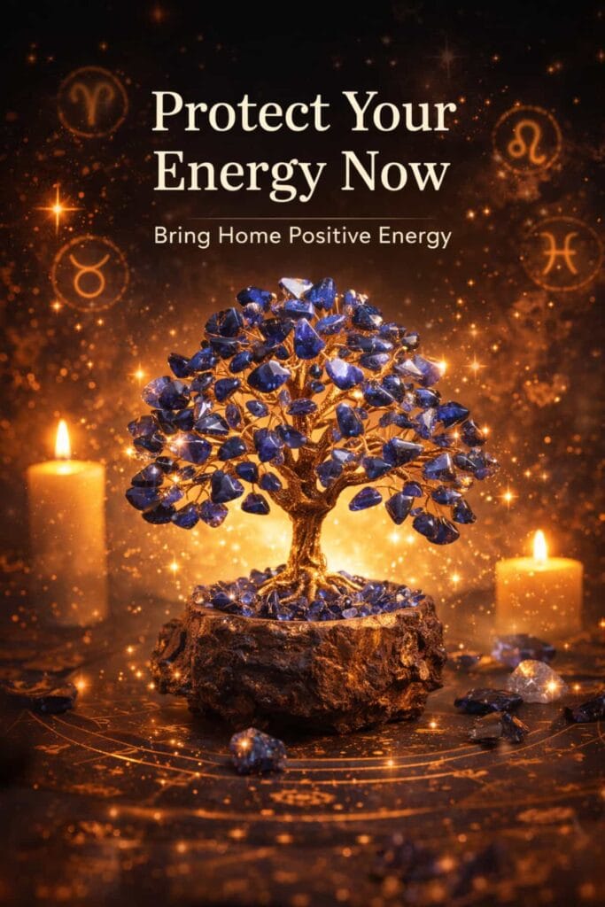 Lapis lazuli crystal tree of life with candles and glowing zodiac symbols, spiritual decor for protection and positive energy