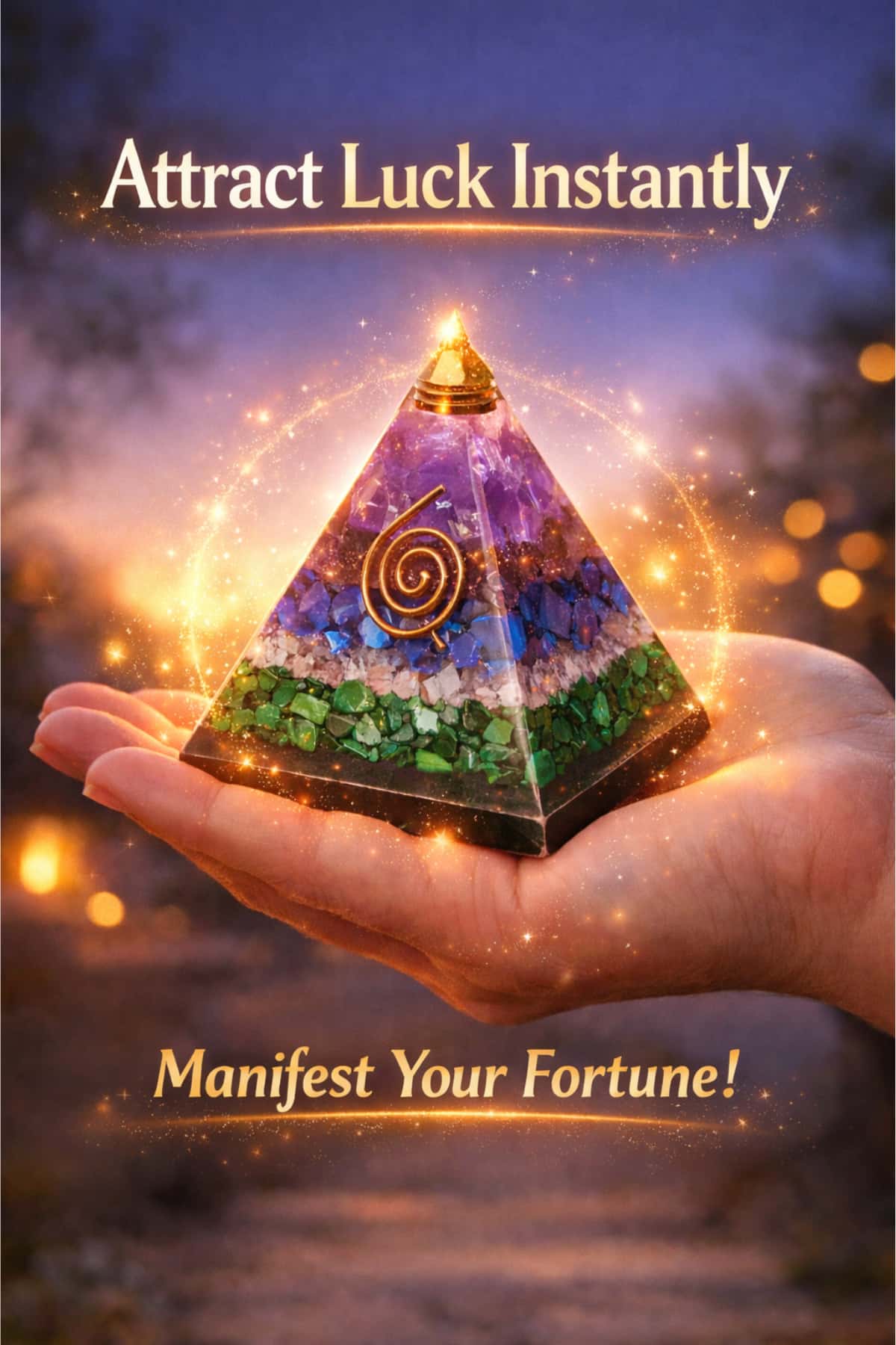 Orgone pyramid for wealth luck and positive energy manifestation with healing crystals